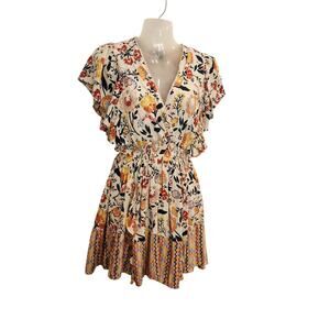 Angie Boho Floral Flutter Sleeve Smocked Faux Wrap Mini Dress Orange Medium
